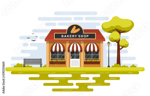 Fototapeta Naklejka Na Ścianę i Meble -  Showcase Bakery Shop Food Store Front Facade Cartoon Illustration