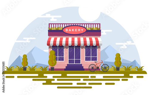 Showcase Bakery Shop Food Store Front Facade Cartoon Illustration