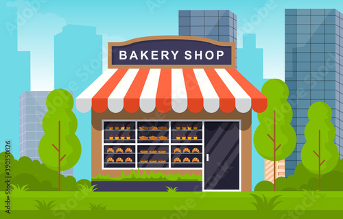 Showcase Bakery Shop Food Store Facade City Cartoon Illustration