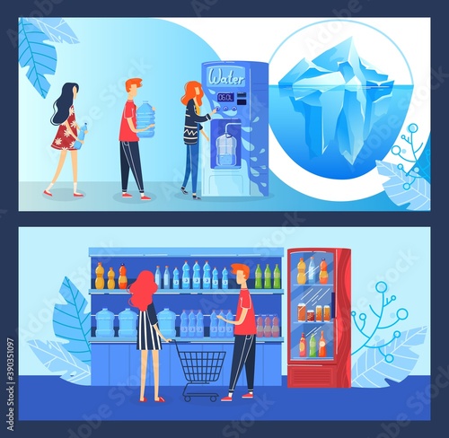 Buy drink water vector illustration. Cartoon flat buyer people buying fresh clean drinking water in automatic beverage vending machine or grocery shop, vendor machinery shopping technology banners set