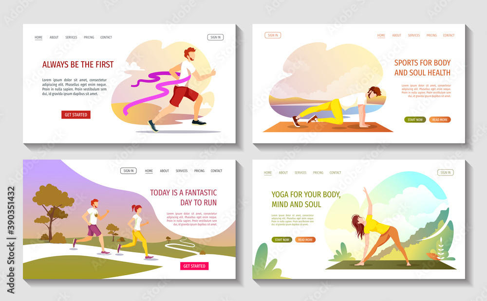 Set of web pages for Running, Sport, Workout, Healthy lifestyle, Energy, Nature, Fitness, Yoga. Vector illustration for poster, banner, placard, website.
