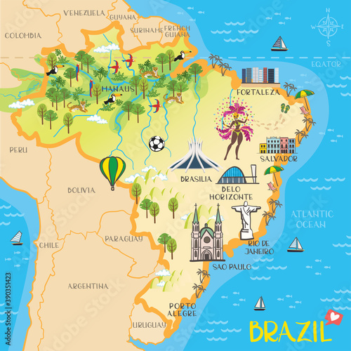 Brazil - hand drawn illustration, map with landmarks	
