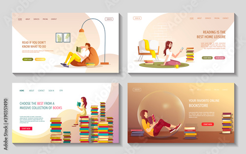 Set of web pages with reading people. Book lovers, E-book reader, Home leisure, Bookstore concept. Vector illustration for poster, banner, cover, website.