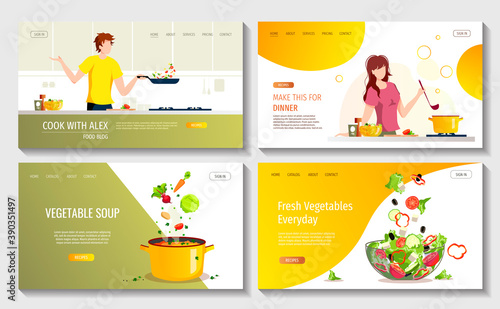 Set of web pages for food blog, cooking, recipe, dinner, homemade food. People preparing food in the kitchen. Pan with soup and bowl of salad. Vector illustration for website, poster, banner.