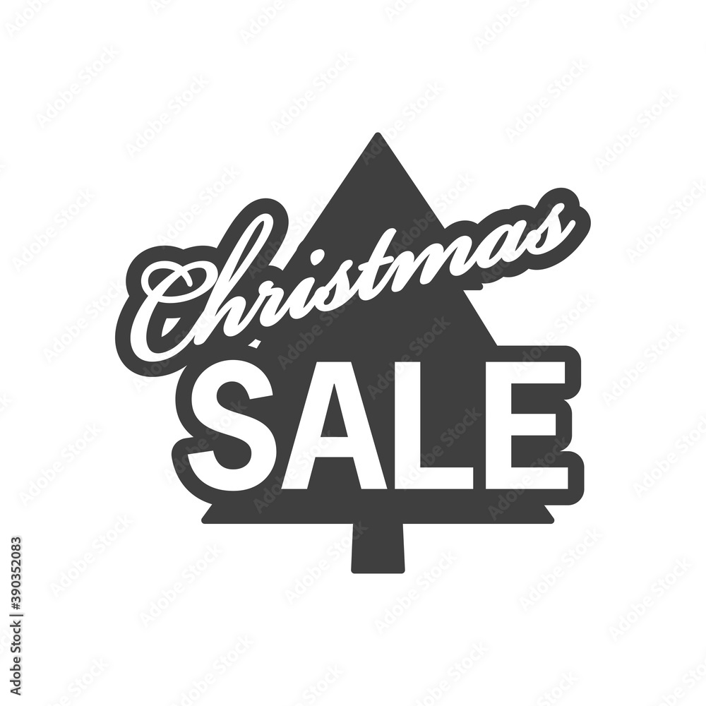 Rebajas de Navidad. Logotipo sello de caucho con texto Christmas Sale sobre árbol de navidad en color gris