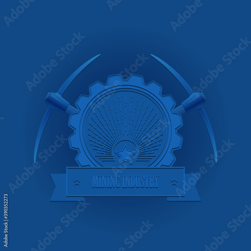 Blue vintage emblem of the mining industry, the rays of the sun around the star, two crossed picks behind the gear, tape with inscription mining industry, vector illustration