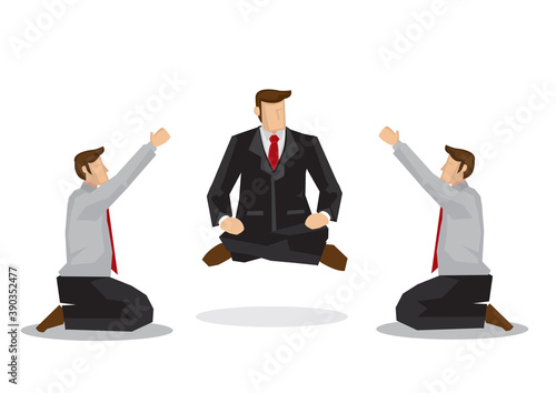 Two businessmen worshipping a business guru floating off the ground. Business metaphor. Concept of strong leadership. Vector illustration.