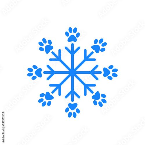 Tienda de mascotas. Logotipo pisada de gato en copo de nieve en líneas de color azul