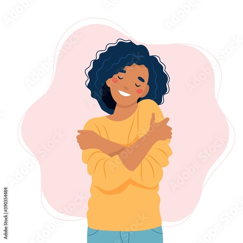 Self love concept, woman hugging herself, vector illustration in flat style photo