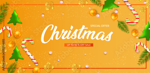 Christmas banner. Background Xmas design of sparkling lights garland, with snowflake and glitter confetti. Horizontal christmas poster, greeting cards, headers, website