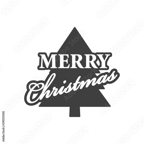 Tiempo de Navidad. Logotipo sello de caucho con texto Merry Christmas sobre árbol de navidad en color gris