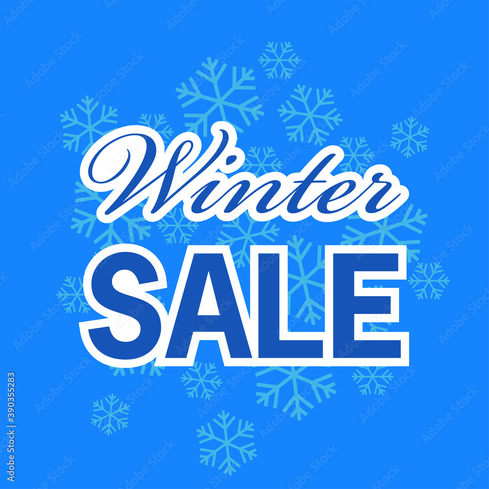 Rebajas de invierno. Logotipo con texto Winter Sale sobre patrón de copos de nieve en fondo azul