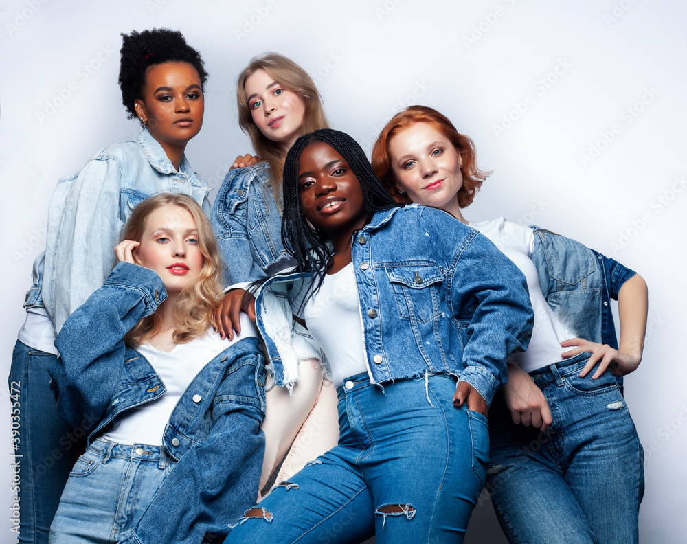 diverse multi nation girls group, teenage friends company cheerful having fun, happy smiling, cute posing isolated on white background, lifestyle people concept, african-american and caucasian diverse multi nation girls group, teenage friends company cheerful having fun, happy smiling, cute posing isolated on white background, lifestyle people concept, african-american and caucasian