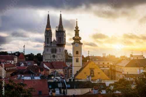 Aerial view of the Cathedral in Zagreb at sunrise. Croatia