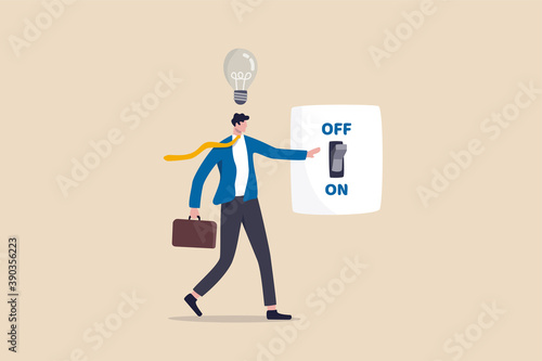 New business ideas, inspiration and creativity to think about new idea concept, smart businessman in suit switching on the switch to turn on lightbulb lamp over his head metaphor of discover new idea.