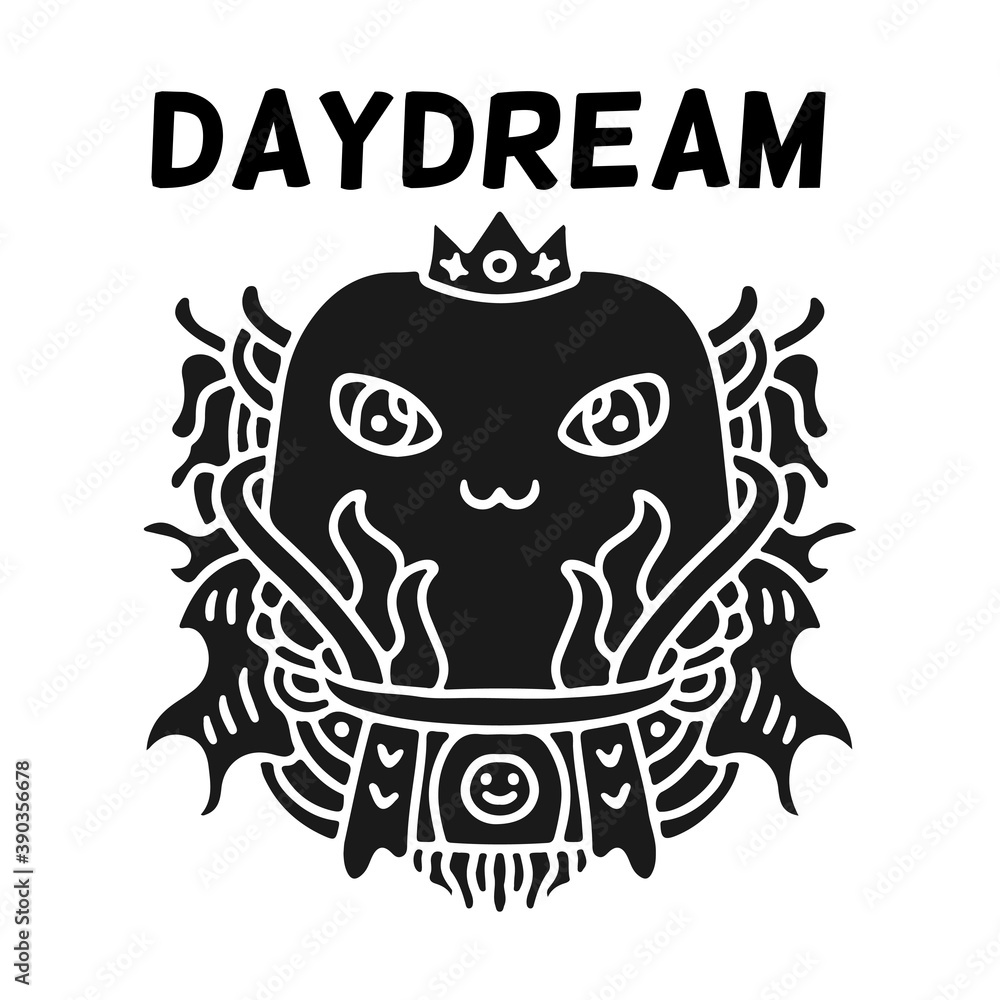 Cool alien character and crown in abstract style, with daydream typography, illustration for poster, sticker, or apparel merchandise.With tribal and hipster style.