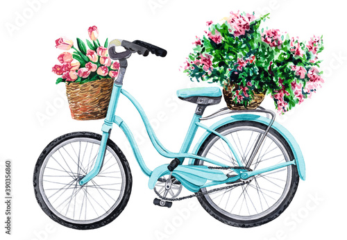 Blue bicycle with flowers in basket, hand drawn watercolor illustration isolated on white background