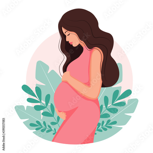 A modern illustration about pregnancy and motherhood. beautiful young woman with long hair. Minimal design, vector illustration in cartoon flat style.