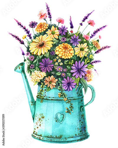 Hand drawn watercolor bouquet of flowers, branches and leaves in watering can. Perfect for card, poster, postcard, wedding invitations, birthday party. Illustration isolated on white background.