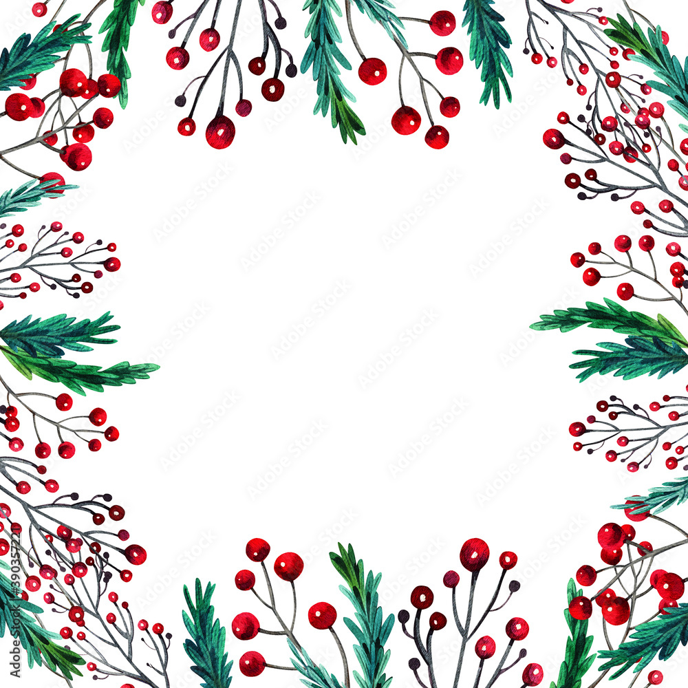 Fototapeta premium Watercolor colorful christmas square frame with spruce branches and berries