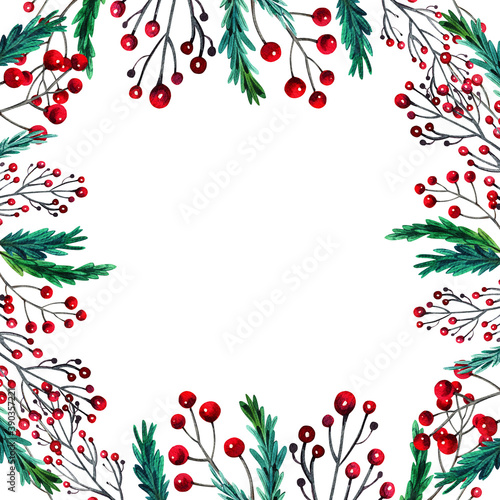 Watercolor colorful christmas square frame with spruce branches and berries