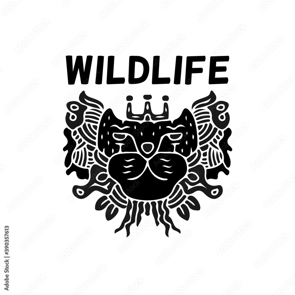 Cool tiger head in abstract style, with wildlife typography, illustration for poster, sticker, or apparel merchandise.With tribal and hipster style.