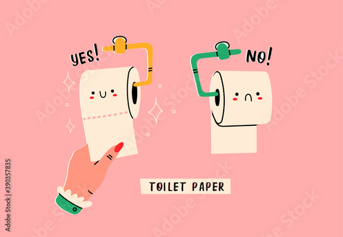 The Right Way to Hang Toilet Paper on the holder. Cute funny characters. Hygiene, WC, restroom, household concept. Cartoon style. Hand drawn trendy Vector illustration