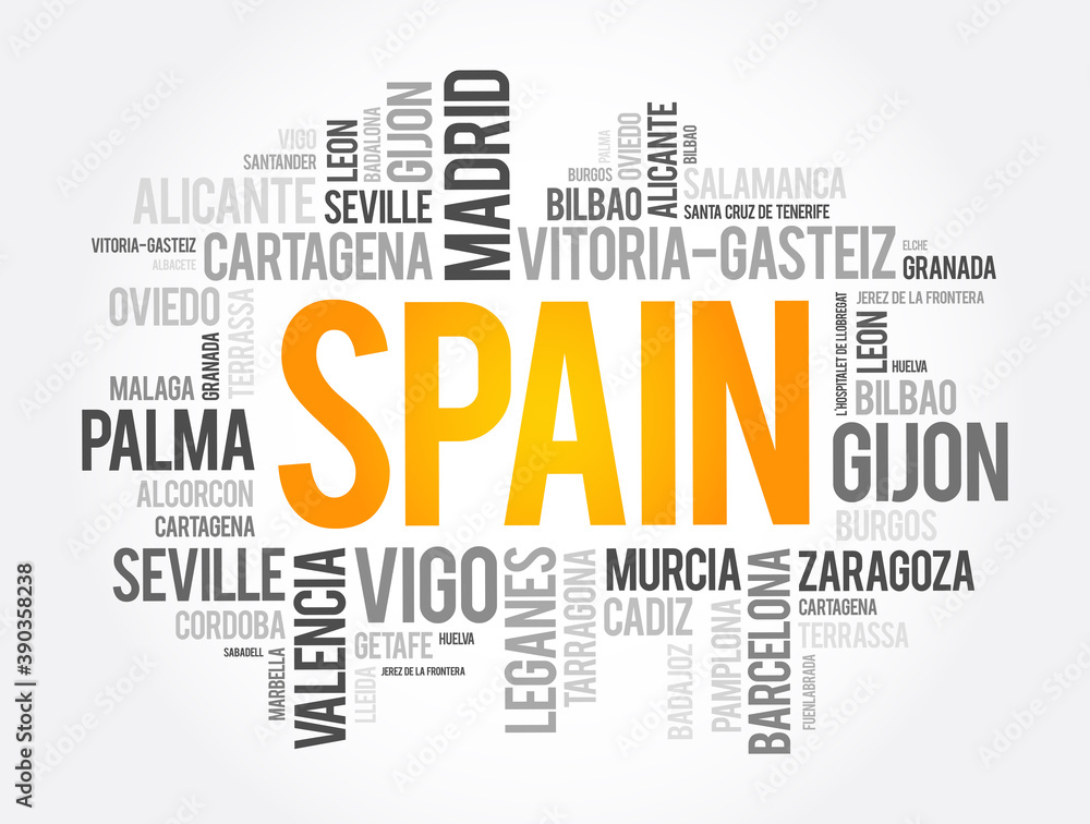 List of cities in Spain word cloud, Spanish municipalities
