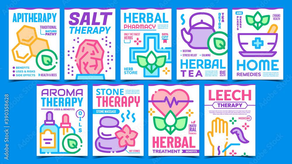 Traditional Naturopathy Promo Posters Set Vector. Traditional Apitherapy And Aromatherapy, Stone And Salt Therapy, Home Remedies And Herbal Tea Advertising Banners. Concept Layout Color Illustrations