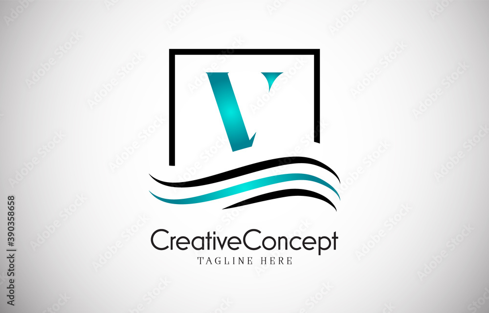 Fototapeta premium V blue letter logo design with frame swoosh. Creative monogram design vector illustration. 