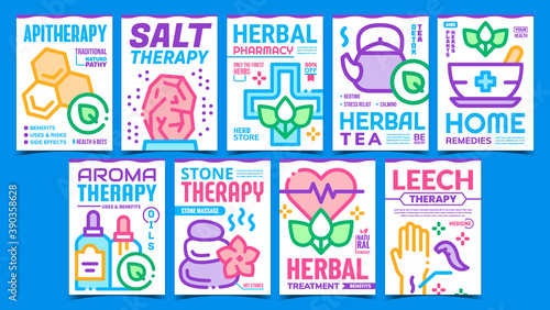 Traditional Naturopathy Promo Posters Set Vector. Traditional Apitherapy And Aromatherapy  Stone And Salt Therapy  Home Remedies And Herbal Tea Advertising Banners. Concept Layout Color Illustrations