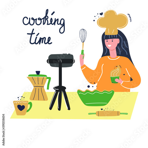 Cute girl cook teaches cooking courses online, food blogger, video lessons, freelance concept. Flat illustration.