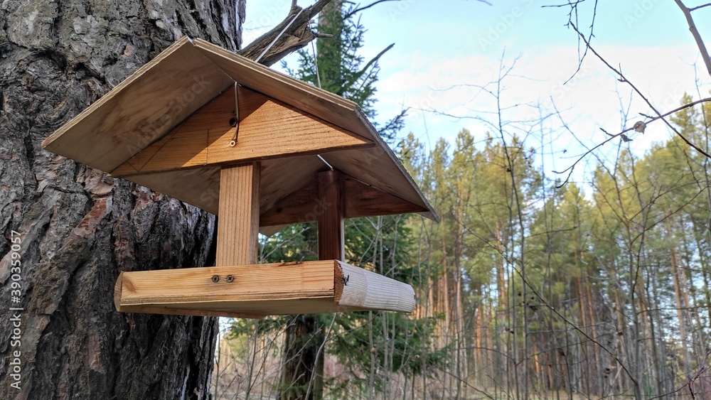 Wooden bird house in autumn forest. Old wooden feeder for birds on a tree in the city park, empty bird's feeder caring about wild birds in cold season. Wooden bird house in autumn forest. Old wooden feeder for birds on a tree in the city park, empty bird's feeder caring about wild birds in cold season.