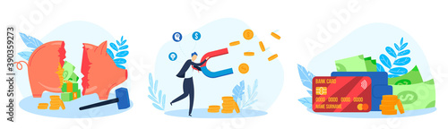 Financial business account vector illustration set. Cartoon flat broken piggy bank moneybox, businessman character holding magnet to attract gold coins investment, invest in business isolated on white