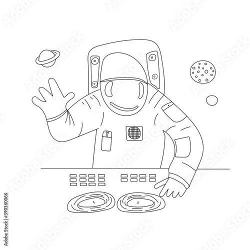 space dj in doodle style vector illustration in hand drawn black line style.