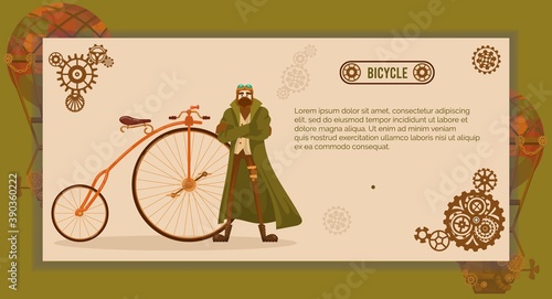 Vintage bicycle steampunk vector illustration. Cartoon flat steampunk hipster cyclist character in glasses and old coat standing next to retro urban cycle, victorian culture and fashion design banner
