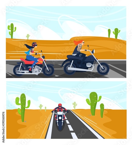 Bikers ride motorcycle vector illustration set. Cartoon flat motorcyclist people riding motorbikes, man woman characters drive motorcycles on asphalt road, desert landscape with cactuses background