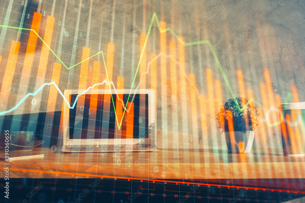 Multi exposure of chart and financial info and work space with computer background. Concept of international online trading. Multi exposure of chart and financial info and work space with computer background. Concept of international online trading.