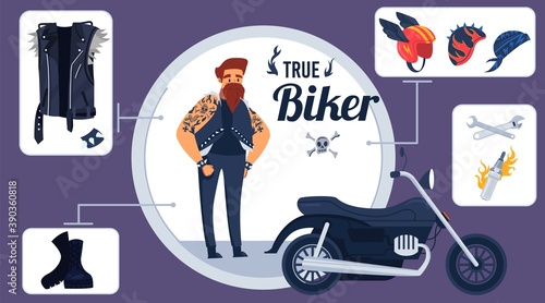 True biker kit vector illustration. Cartoon flat infographic poster with rocker jacket, helmets and boots, repair motorbike equipment, items collection for racer man motorcyclist character background