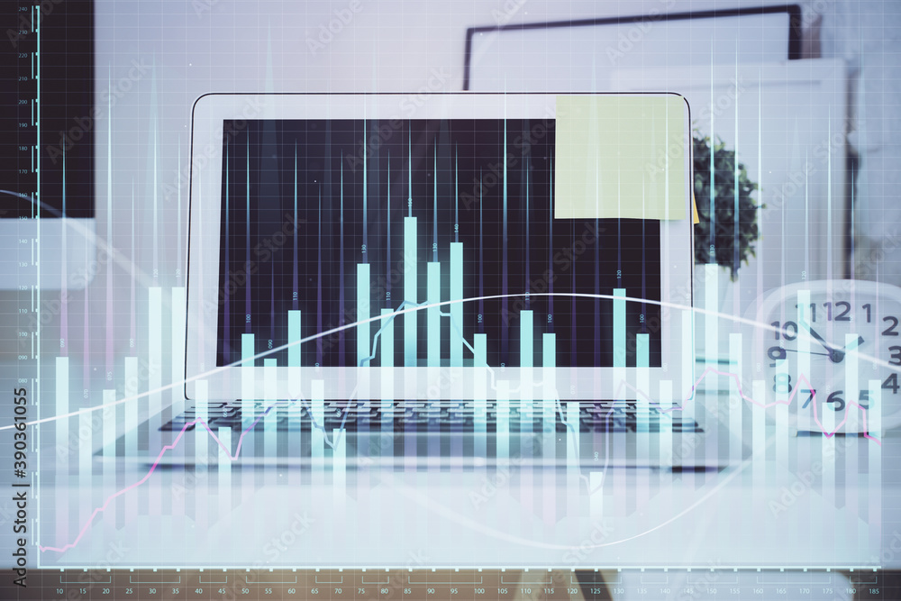 Stock market graph and table with computer background. Double exposure. Concept of financial analysis. Stock market graph and table with computer background. Double exposure. Concept of financial analysis.