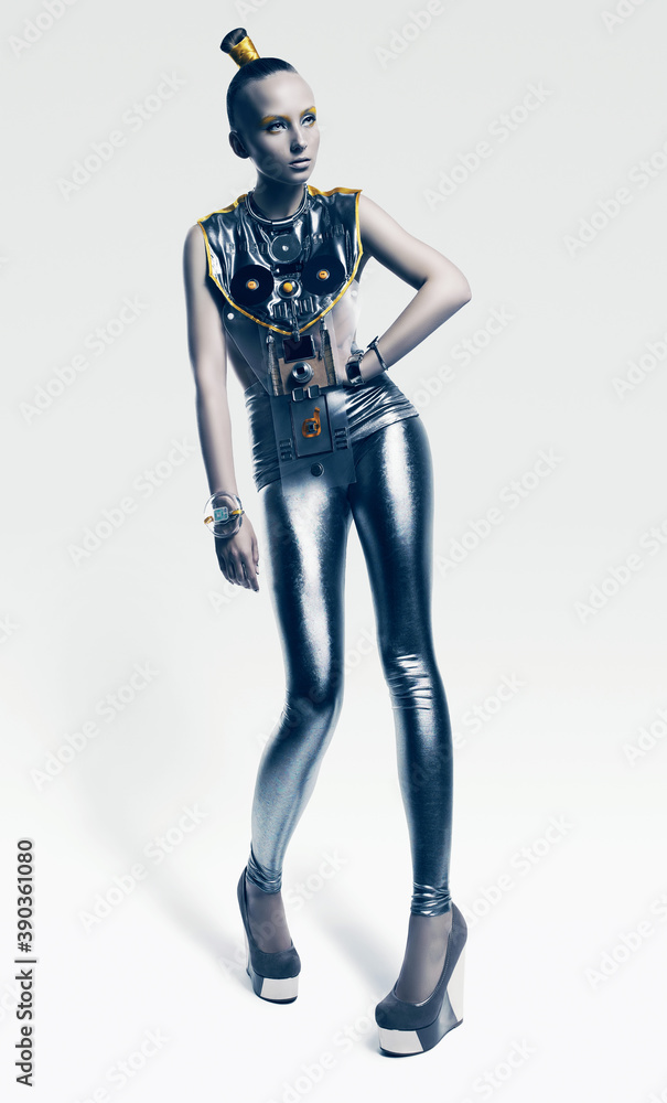 futuristic woman in cold silver costume