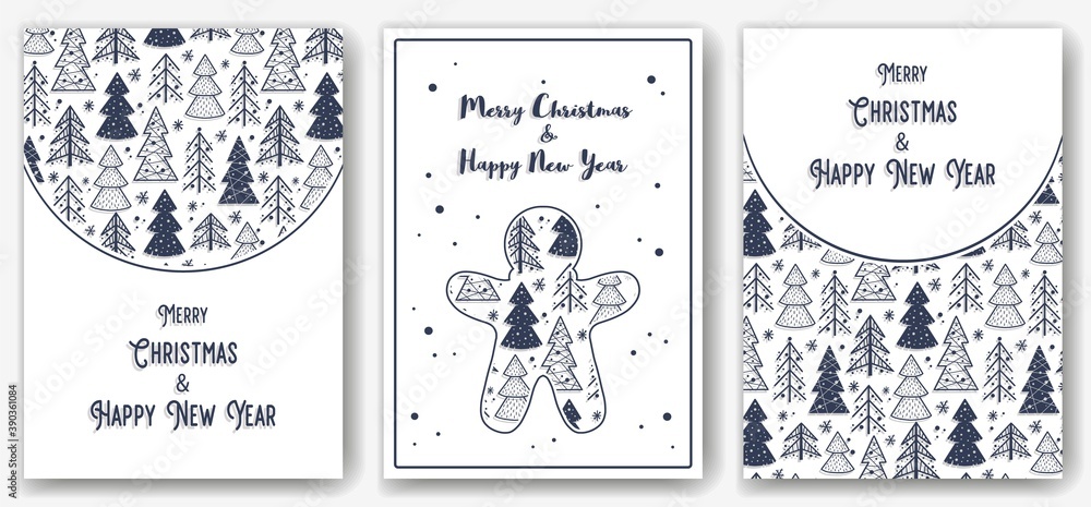 Monochrome christmas party invitation, banner, poster or postcard with forest silhouette for the new year holiday. Winter illustration of spruce tree for december design