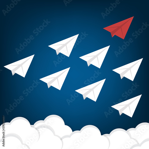 Leadership Concept. Red Paper Airplane Leading White Paper Airplanes