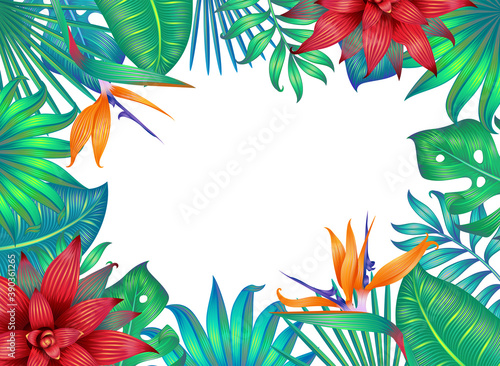 Frame with tropical leaves and flower on white. 
