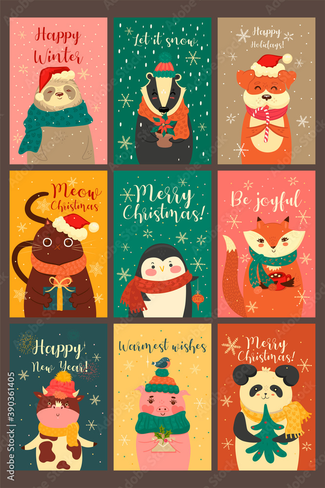 Fototapeta premium Set of cute cards with animals in a Christmas mood. Vector graphics.
