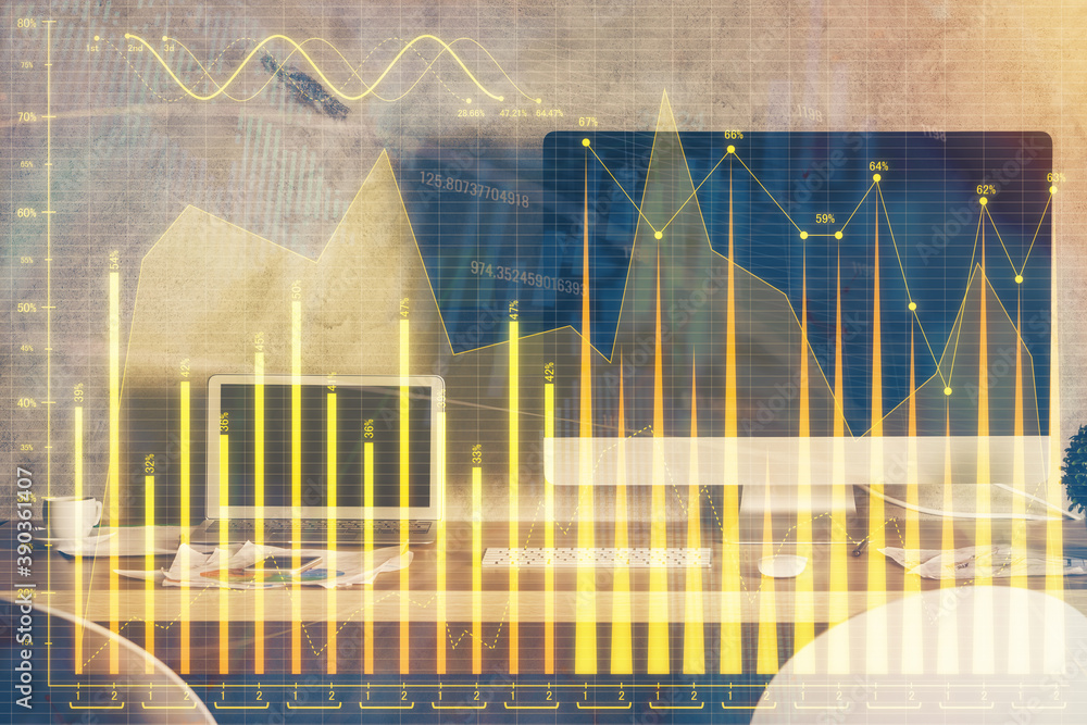 Double exposure of graph and financial info and work space with computer background. Concept of international online trading. Double exposure of graph and financial info and work space with computer background. Concept of international online trading.