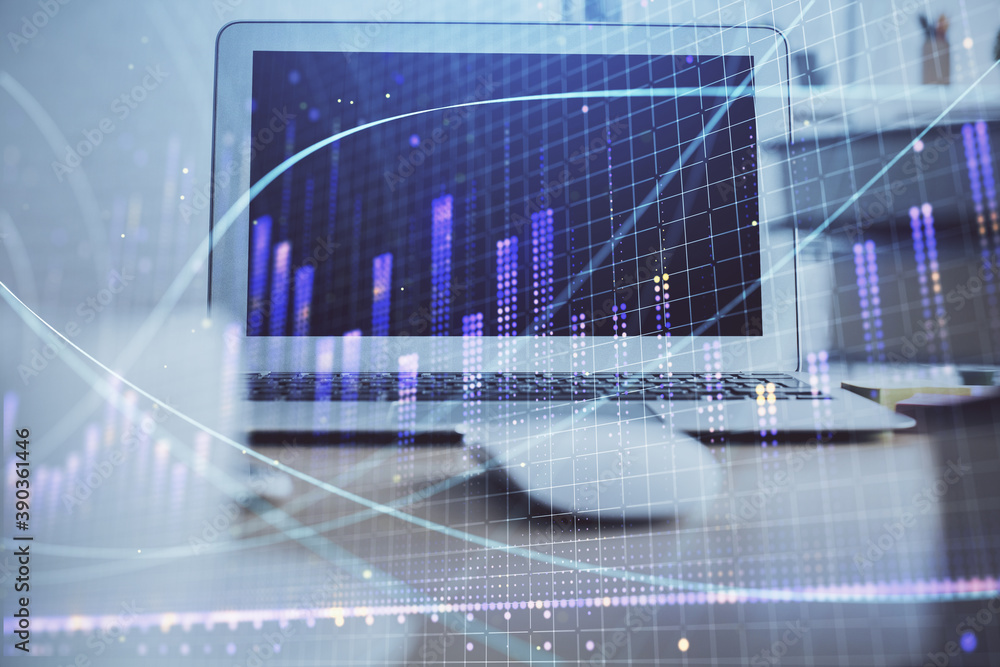 Forex market graph hologram and personal computer on background. Multi exposure. Concept of investment. Forex market graph hologram and personal computer on background. Multi exposure. Concept of investment.