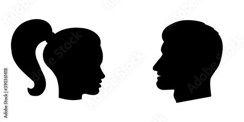 Man and woman face silhouette. Side view. Male and female profile. Boy and girl portrait. Vector illustration.