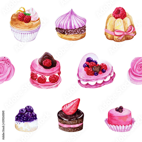 various french sweets seamless pattern, macarons, petitsfours, hand drawn illustration on white background