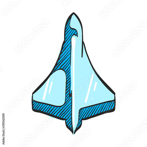 Supersonic airplane icon in color drawing. Aircraft speed passenger aviation airliner